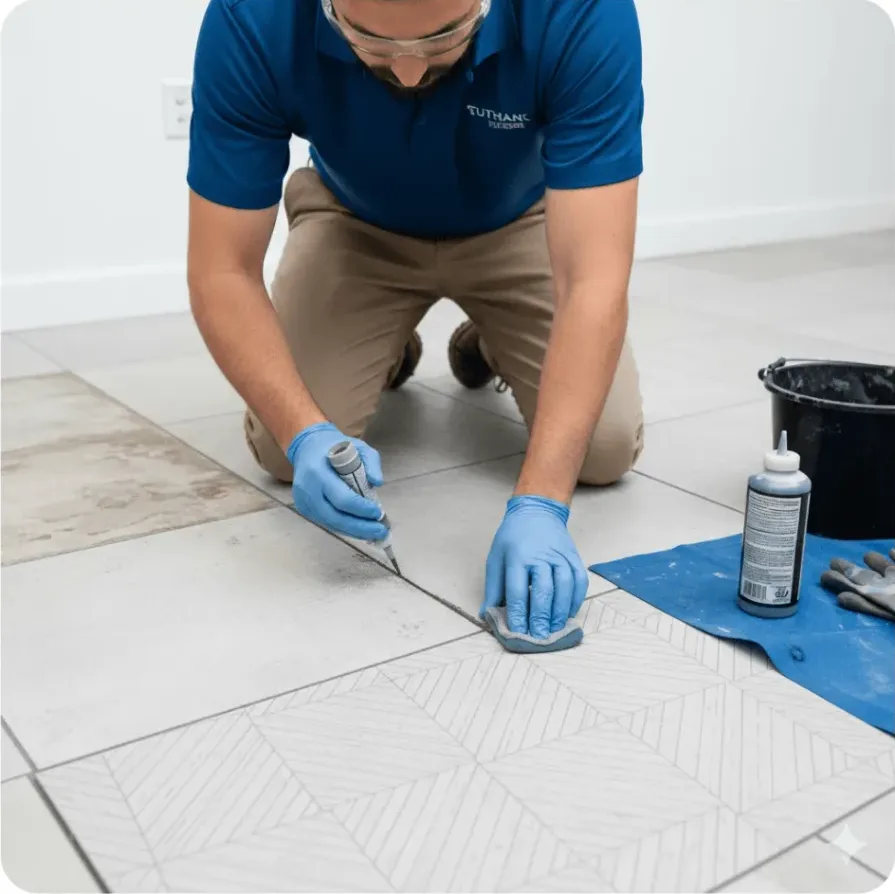Technician in a blue polo shirt and khaki pants recoloring grout lines on a patterned tile floor